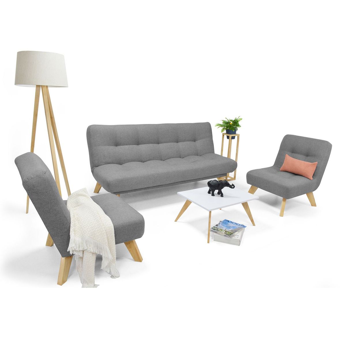 MICA - Juego de Sala Moderno en Tela (Sofá Cama + 2 Poltronas + Mesa de Centro) Prato Mica