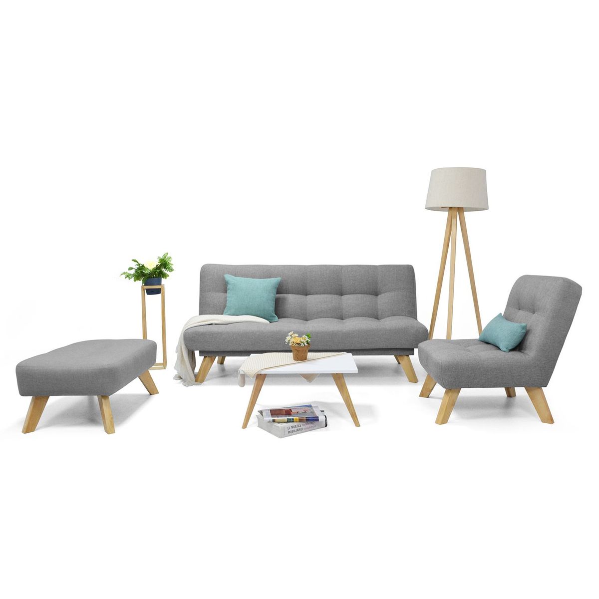 MICA - Juego de Sala Moderno en Tela (Sofá Cama + Poltrona + Puff + Mesa de Centro)  Prato Mica