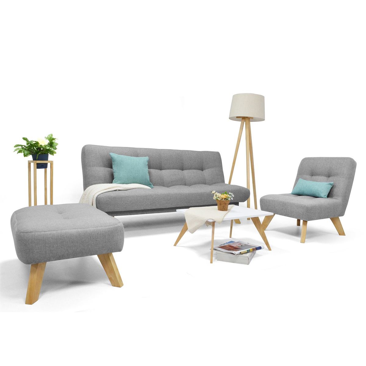 MICA - Juego de Sala Moderno en Tela (Sofá Cama + Poltrona + Puff + Mesa de Centro)  Prato Mica