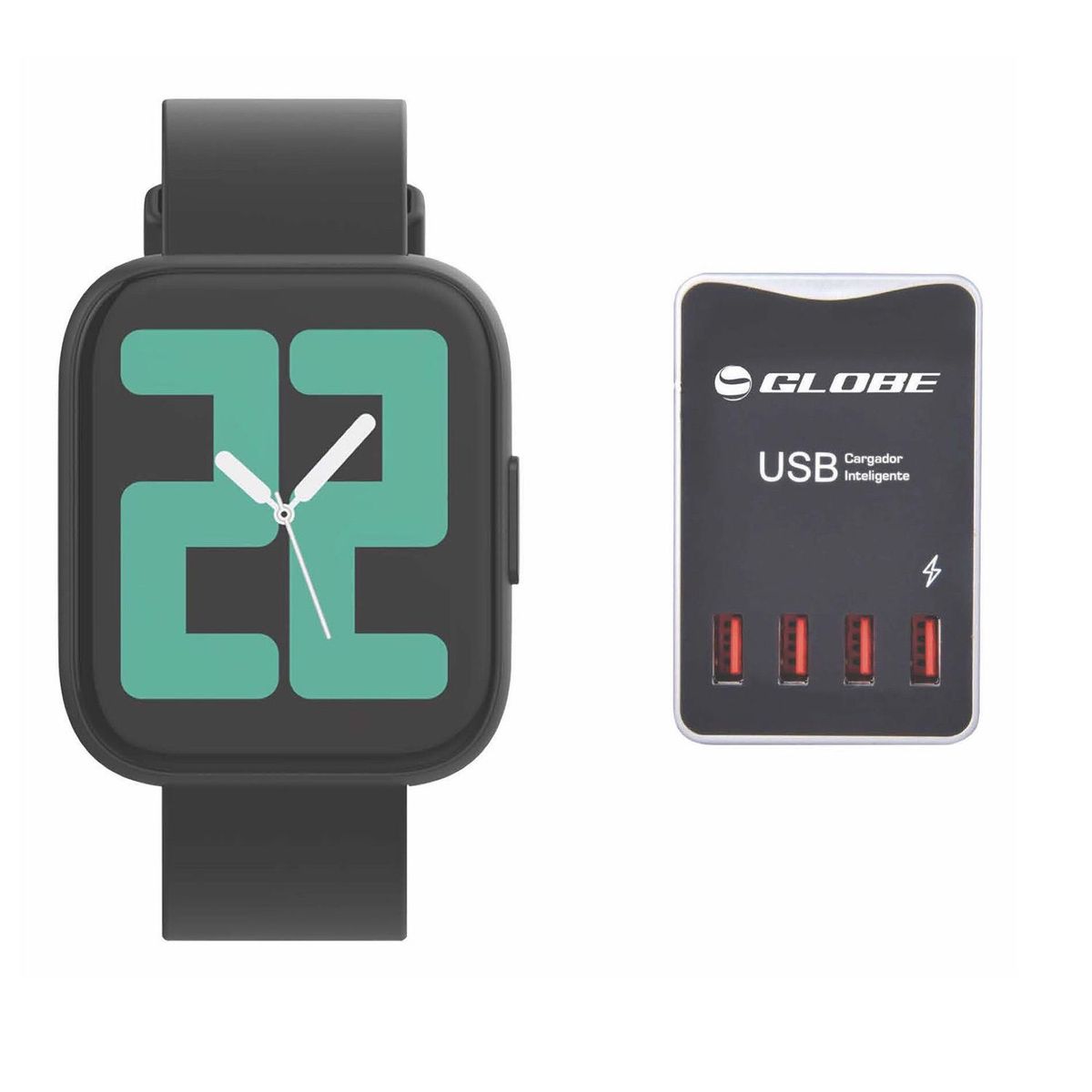 MULTITECH - Smart watch Multitech MTW2129 + Cargador 4 USB Puertos 32 mm. Reloj inteligente hombre y mujer.  Mide ritmo cardíaco, sueño +17 modos deportivos. Resistente al agua. Compatible Android / iOS