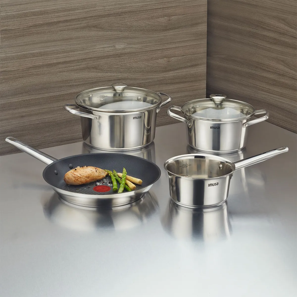 IMUSA - Juego de Ollas Imusa 6 Piezas Acero Inoxidable Antiadherente Talent