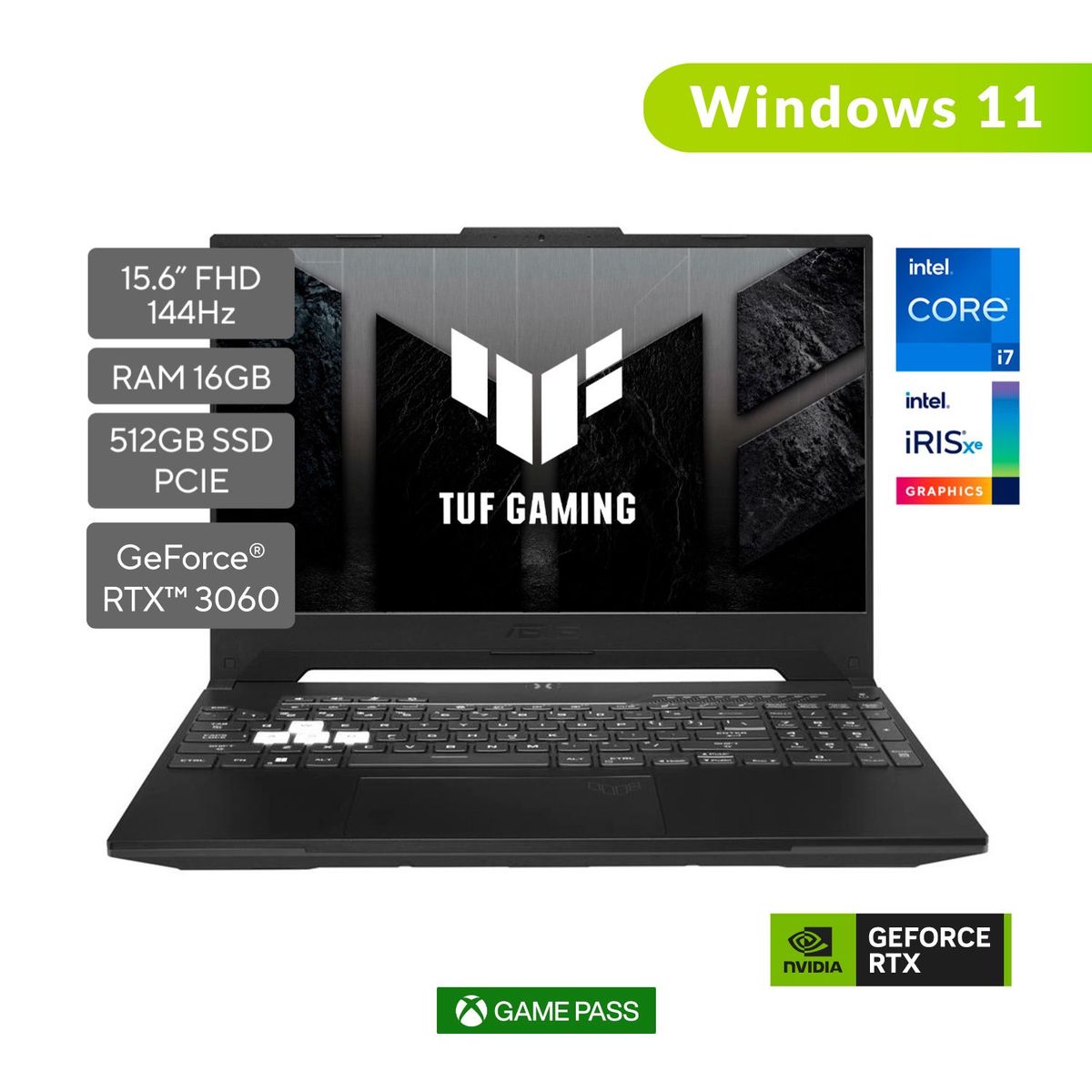 ASUS - Gamer Asus Intel Core i7 16GB 512GB Nvidia Geforce Rtx 3060 Windows 11 Home 15.6 pulgadas  TUF Dash F15 - FX517ZM | Computador Portátil + Game Pass