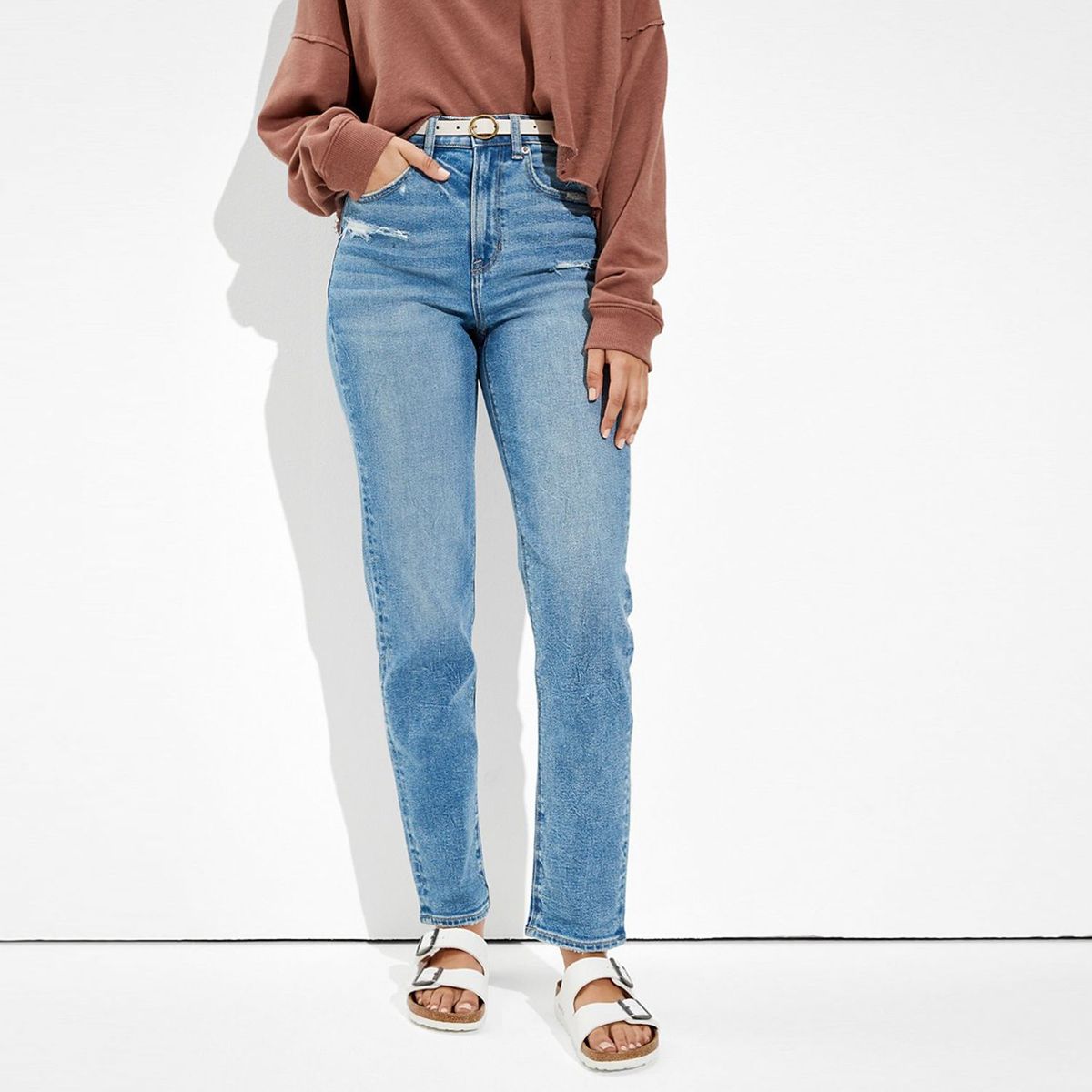 AMERICAN EAGLE - Jean Mom Fit para Mujer Tiro alto de Algodón American Eagle