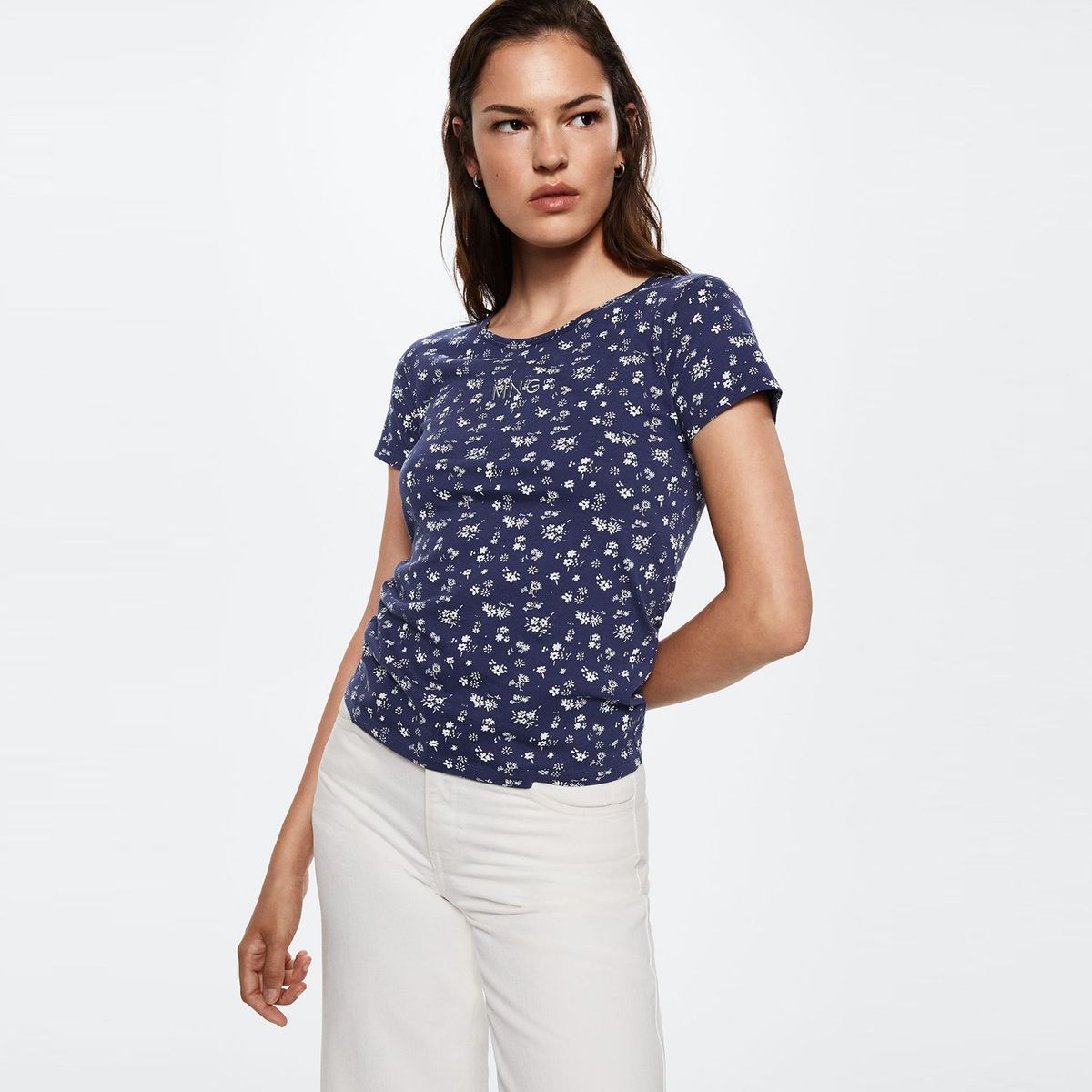 MANGO - Camiseta para Mujer Estampada de Algodón Manga corta MANGO