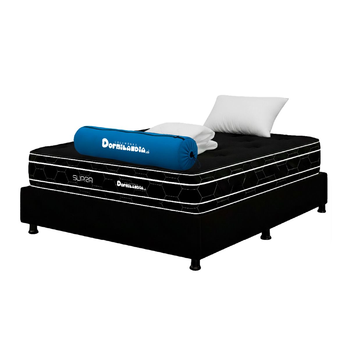 DORMILANDIA - Colchón con Base Cama Sencilla Firmeza Media Ortopédico Resortado Doble Cara Black Supra 100 x 190 cm + 2 Almohadas + Protector Domilandia