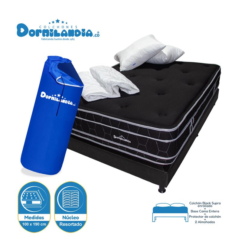 DORMILANDIA - Colchón con Base Cama Sencilla Firmeza Media Ortopédico Resortado Doble Cara Black Supra 100 x 190 cm + 2 Almohadas + Protector Domilandia - 0% Interés a 3 Cuotas Pagando con tu CMR Banco Falabella