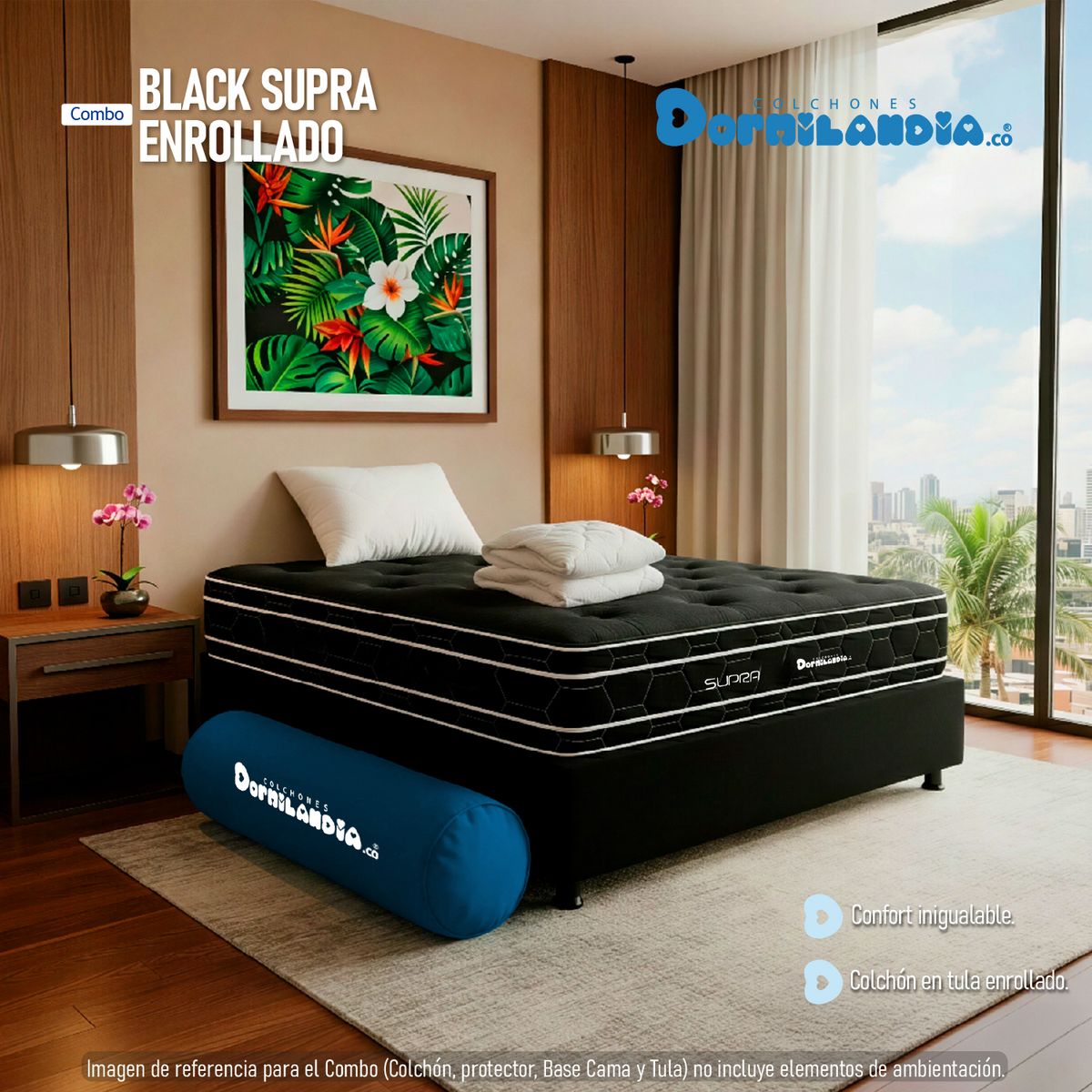 DORMILANDIA - Colchón con Base Cama Sencilla Firmeza Media Ortopédico Resortado Doble Cara Black Supra 100 x 190 cm + 2 Almohadas + Protector Domilandia
