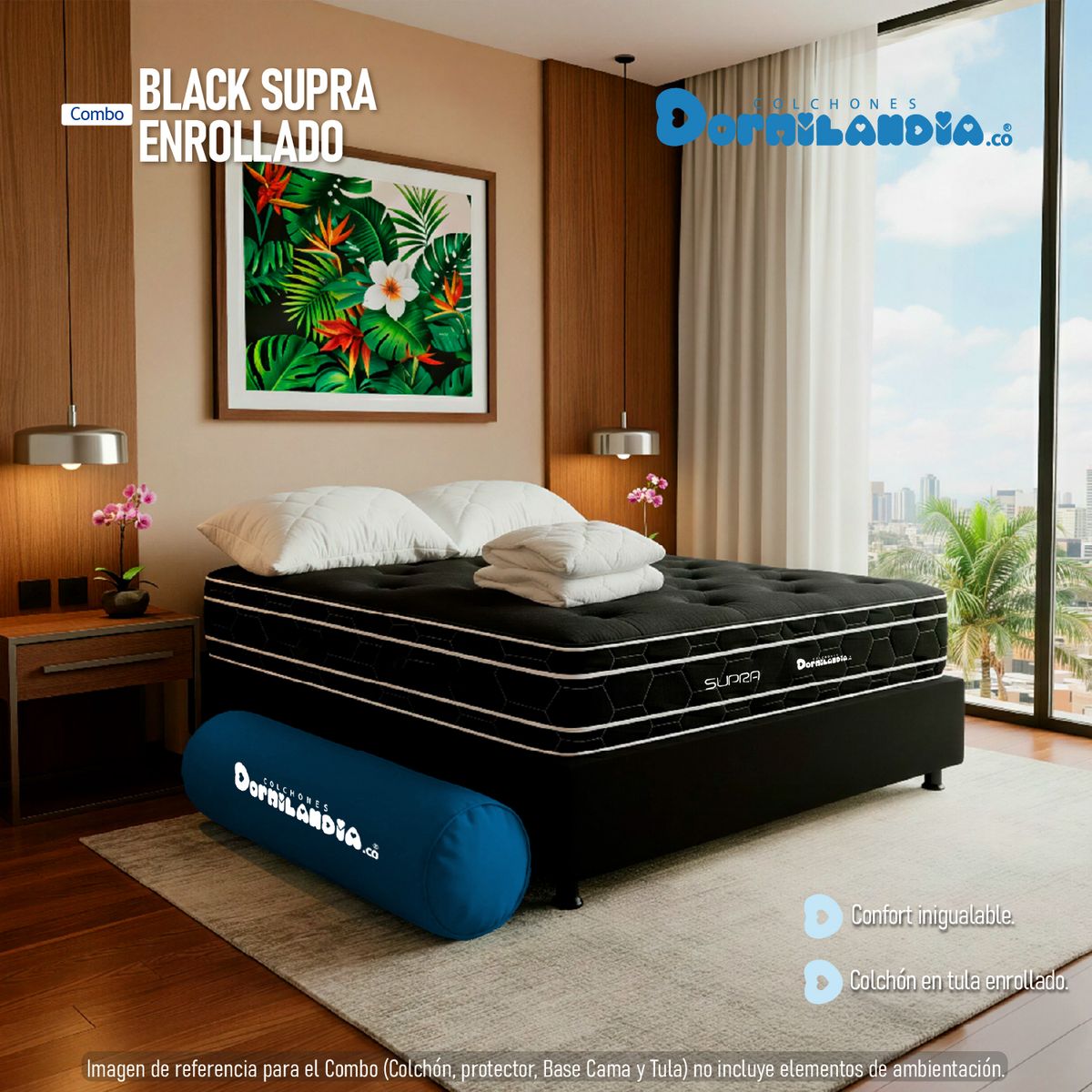DORMILANDIA - Colchón con Base Cama Semidoble Firmeza Media Ortopédico Resortado Doble Cara Black Supra 120 x 190 cm + 2 Almohadas + Protector Dormilandia
