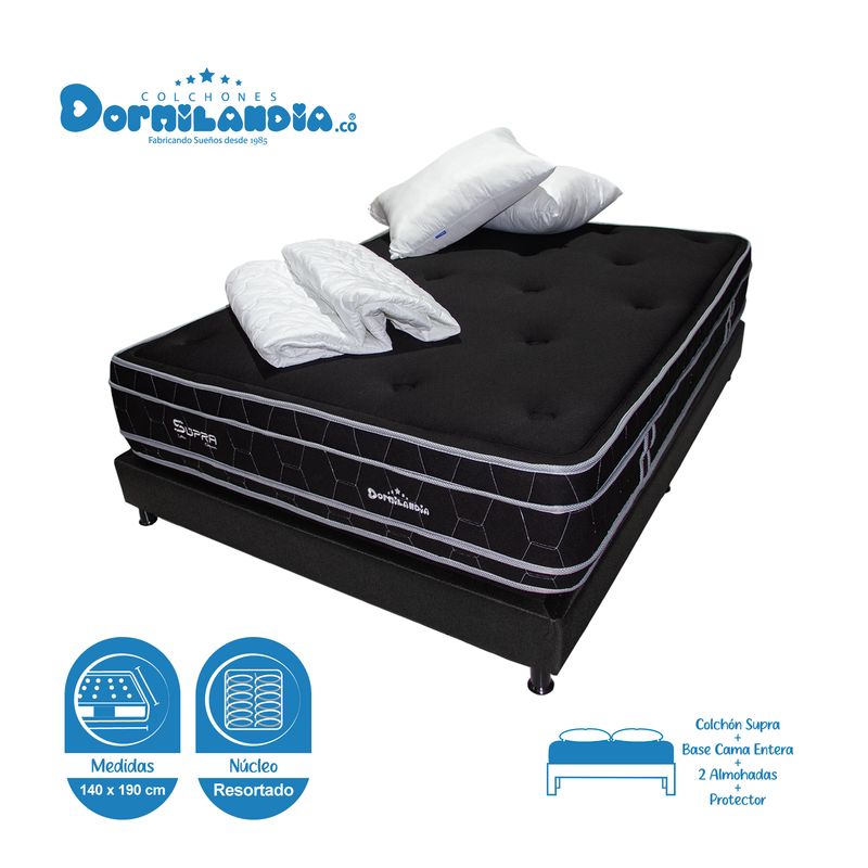 DORMILANDIA - Colchón con Base Cama Doble Firmeza Media Ortopédico Resortado Doble Cara Black Supra 140 x 190 cm + 2 Almohadas + Protector Dormilandia