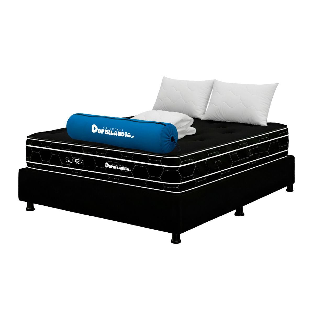 DORMILANDIA - Colchón con Base Cama Doble Firmeza Media Ortopédico Resortado Doble Cara Black Supra 140 x 190 cm + 2 Almohadas + Protector Dormilandia