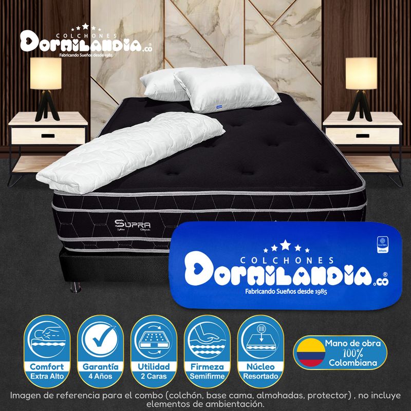 DORMILANDIA - Colchón con Base Cama Doble Firmeza Media Ortopédico Resortado Doble Cara Black Supra 140 x 190 cm + 2 Almohadas + Protector Dormilandia - 0% Interés a 3 Cuotas Pagando con tu CMR Banco Falabella