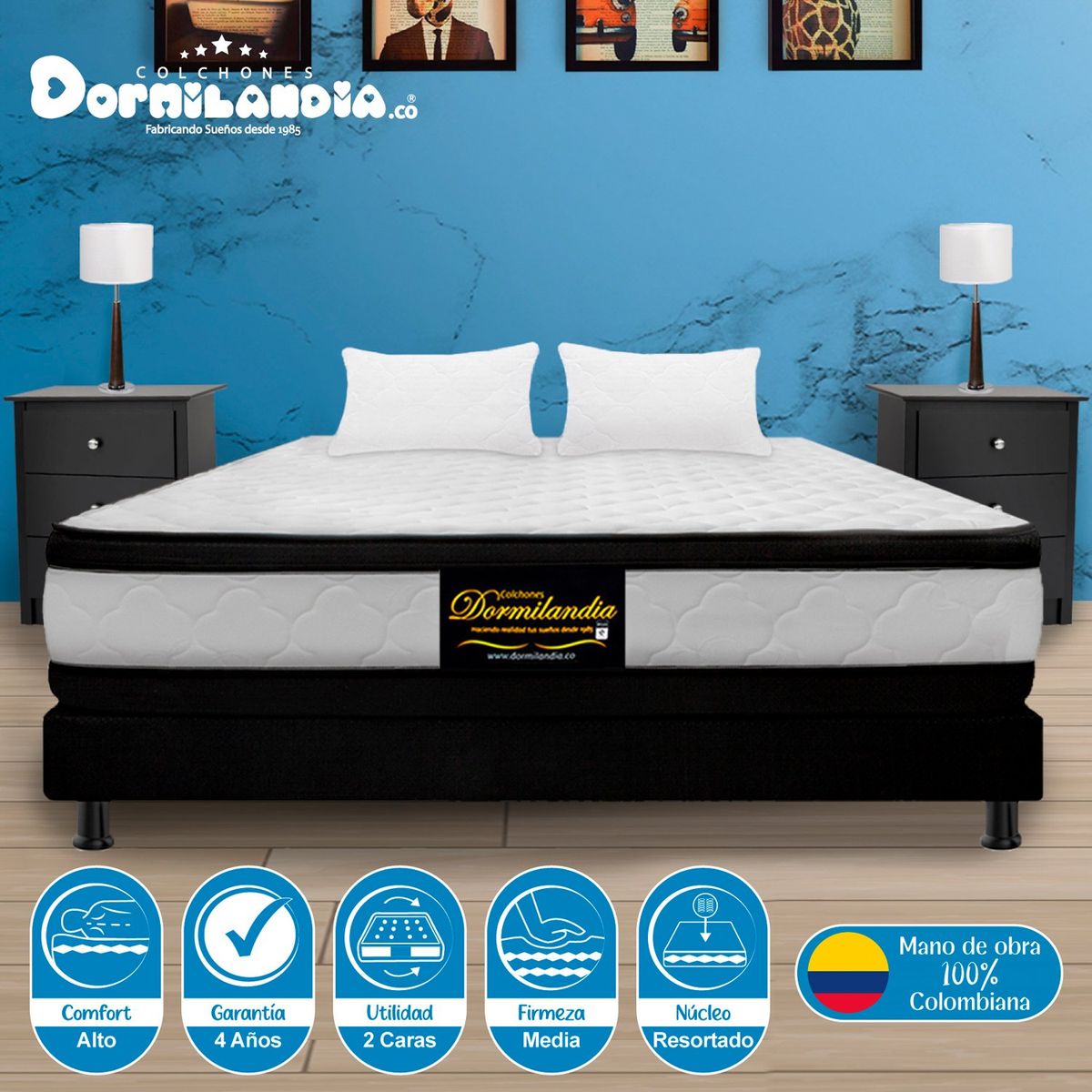 DORMILANDIA - Colchón con Base Cama cama King Firmeza Media Ortopédico Resortado con Doble Pillow Atenas 200 x 200 cm + 2 Almohadas Dormilandia