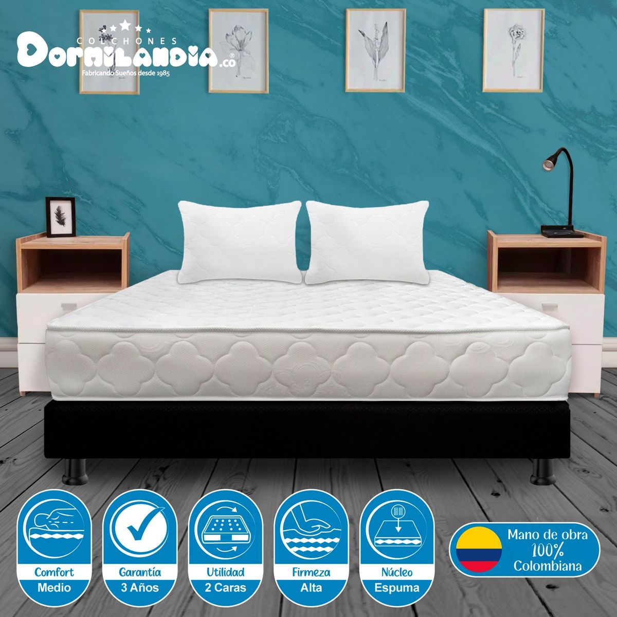 DORMILANDIA - Colchón con Base Cama King Firmeza Media Espumado con Pillow Ultra Flex 200 x 200 cm + 2 Almohadas Dormilandia