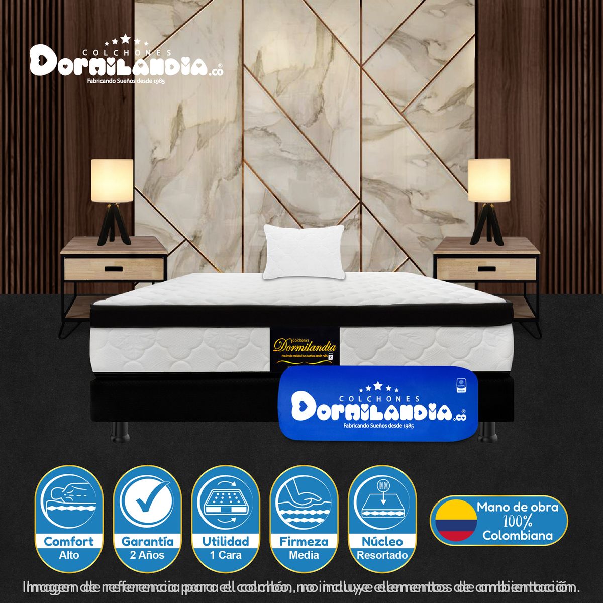 DORMILANDIA - Colchón con Base Cama Sencillo Firmeza Media Ortopédico Resortado con Pillow Versalles 100 x 190 cm + Almohada Dormilandia