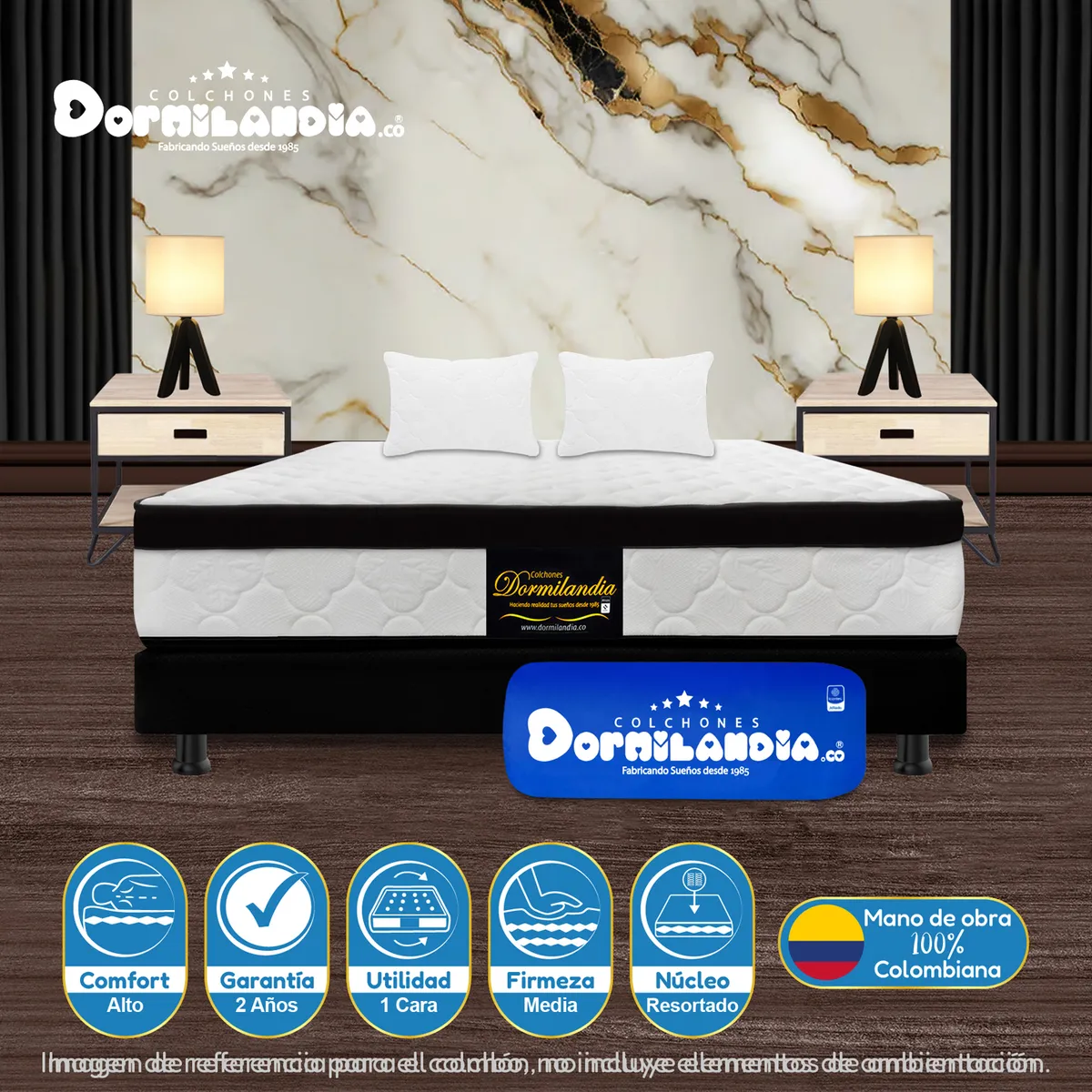 DORMILANDIA - Colchón con Base Cama Semidoble Firmeza Media Ortopédico Resortado con Pillow Versalles 120 x 190 cm + 2 Almohadas Dormilandia