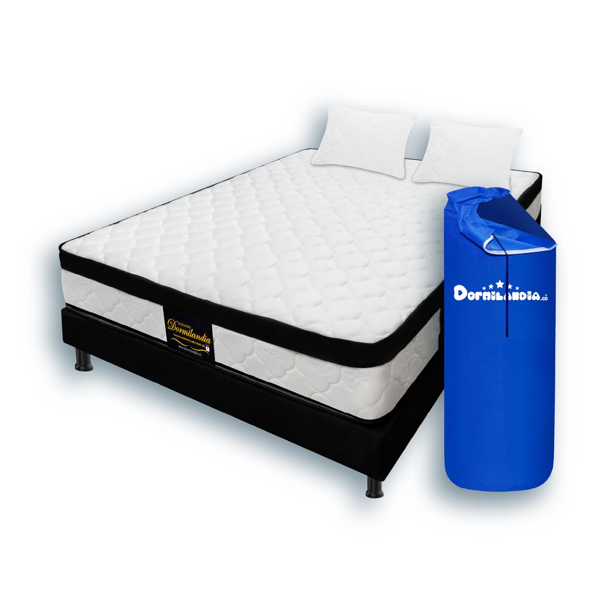 DORMILANDIA - Colchón con Base Cama Queen Firmeza Media Ortopédico Resortado con Pillow Versalles 160 x 190 cm + 2 Almohadas Dormilandia