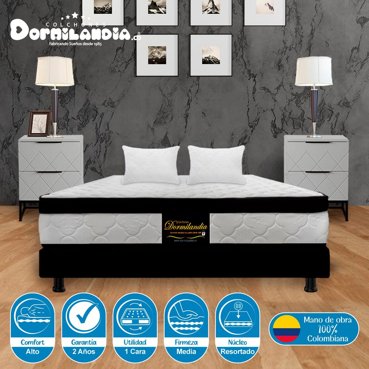 DORMILANDIA - Colchón con Base Cama King Firmeza Media Ortopédico Resortado con Pillow Versalles 200 x 200 cm + 2 Almohadas Dormilandia