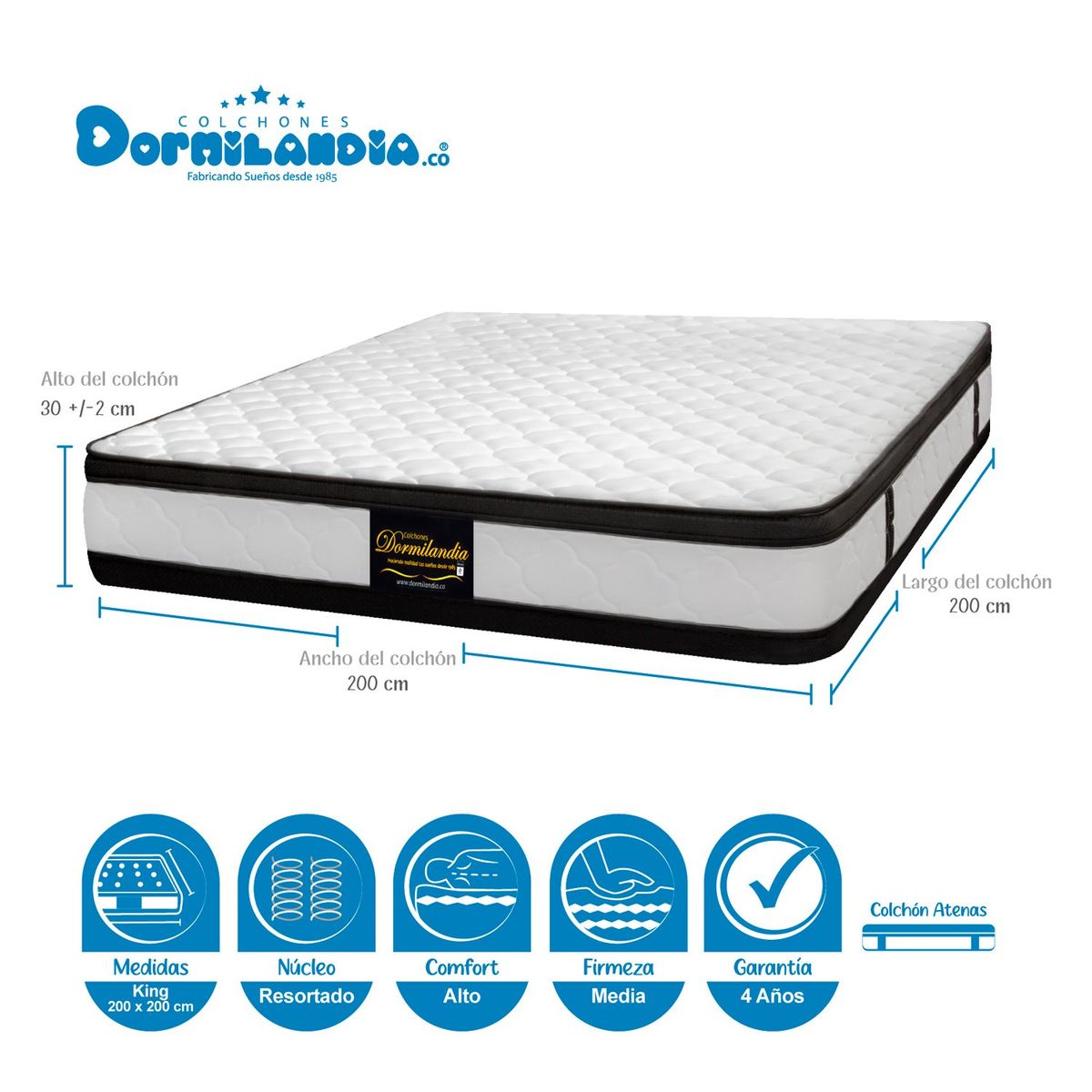 DORMILANDIA - Colchón King Firmeza Media Ortopédico Resortado con Doble Pillow Atenas 200 x 200 cm Dormilandia