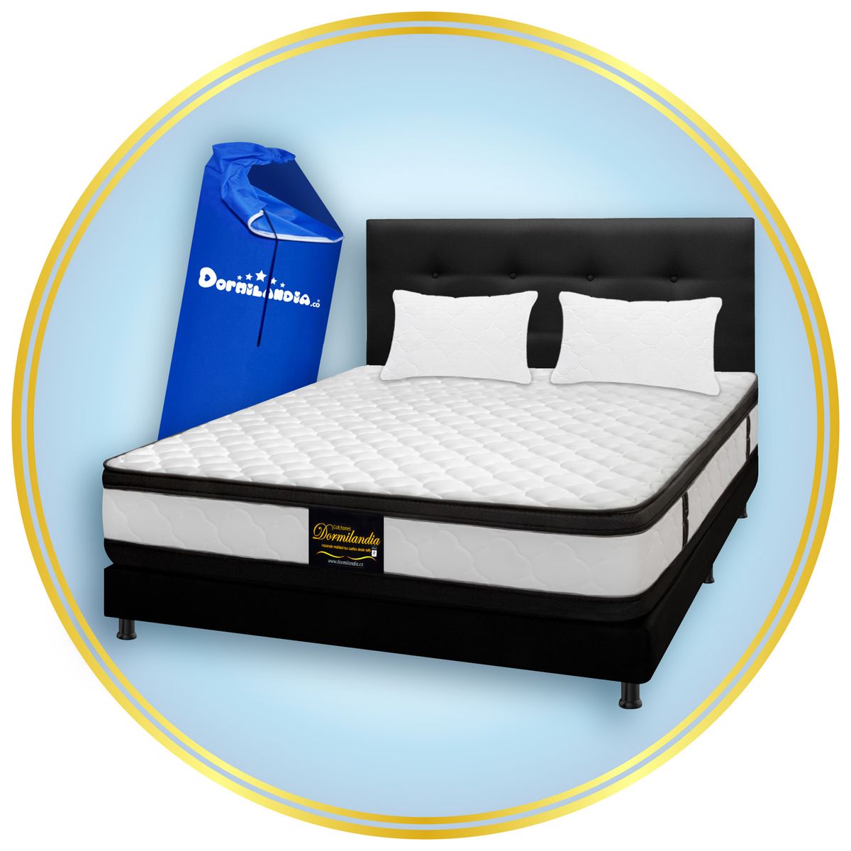 DORMILANDIA - Colchón con Base Cama cama Doble Firmeza Media Ortopédico Resortado con Doble Pillow Atenas 140 x 190 cm + 2 Almohadas Dormilandia