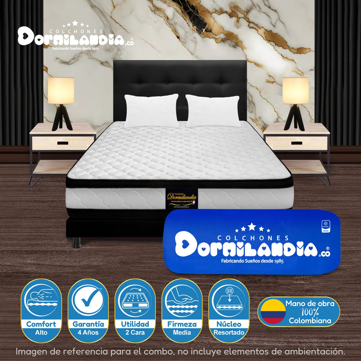 DORMILANDIA - Colchón con Base Cama cama Doble Firmeza Media Ortopédico Resortado con Doble Pillow Atenas 140 x 190 cm + 2 Almohadas Dormilandia