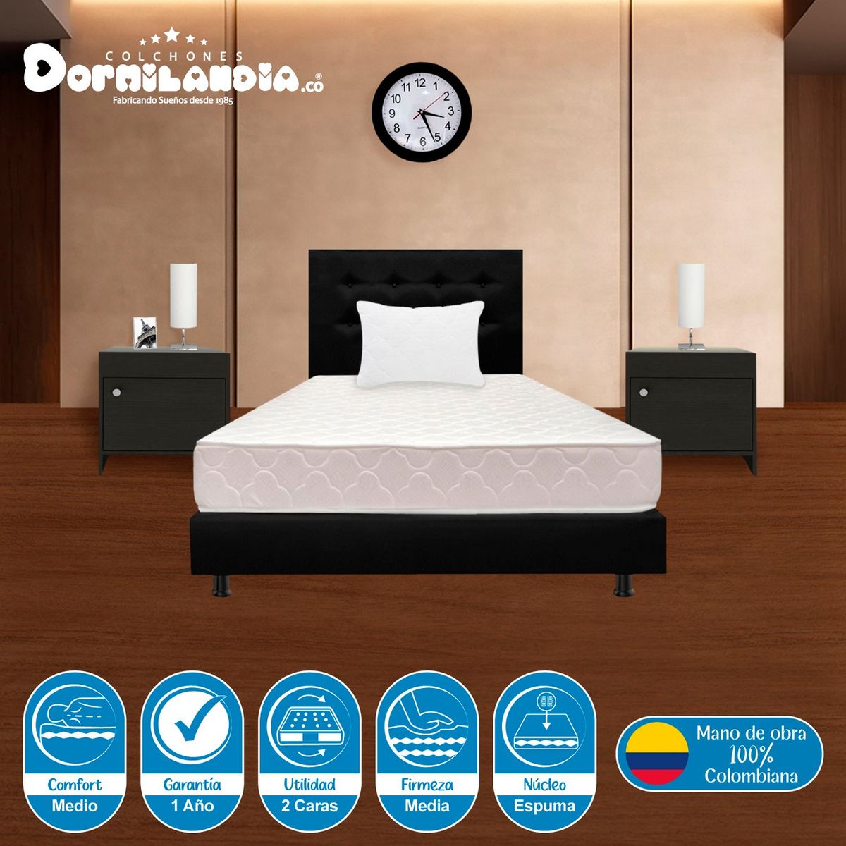 DORMILANDIA - Colchón con Base Cama Sencillo Firmeza Media Espumado Multisleep 100 x 190 cm + Almohada Dormilandia