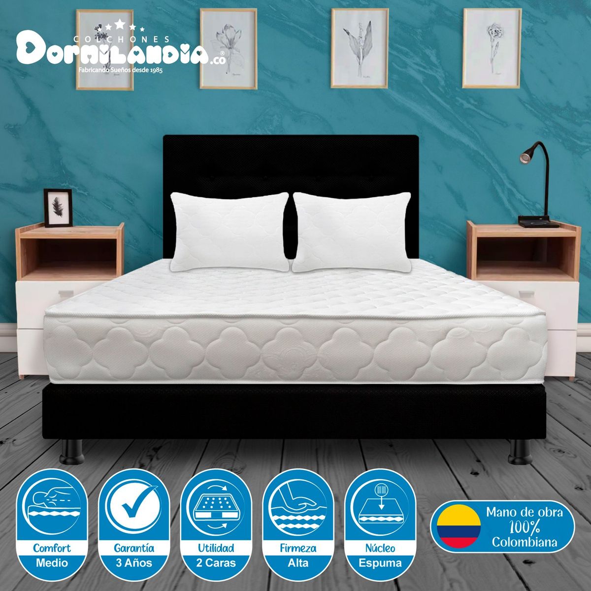 DORMILANDIA - Colchón con Base Cama cama Semidoble Firmeza Media Espumado Ultra Flex 120 x 190 cm + Cabecero Dormilandia