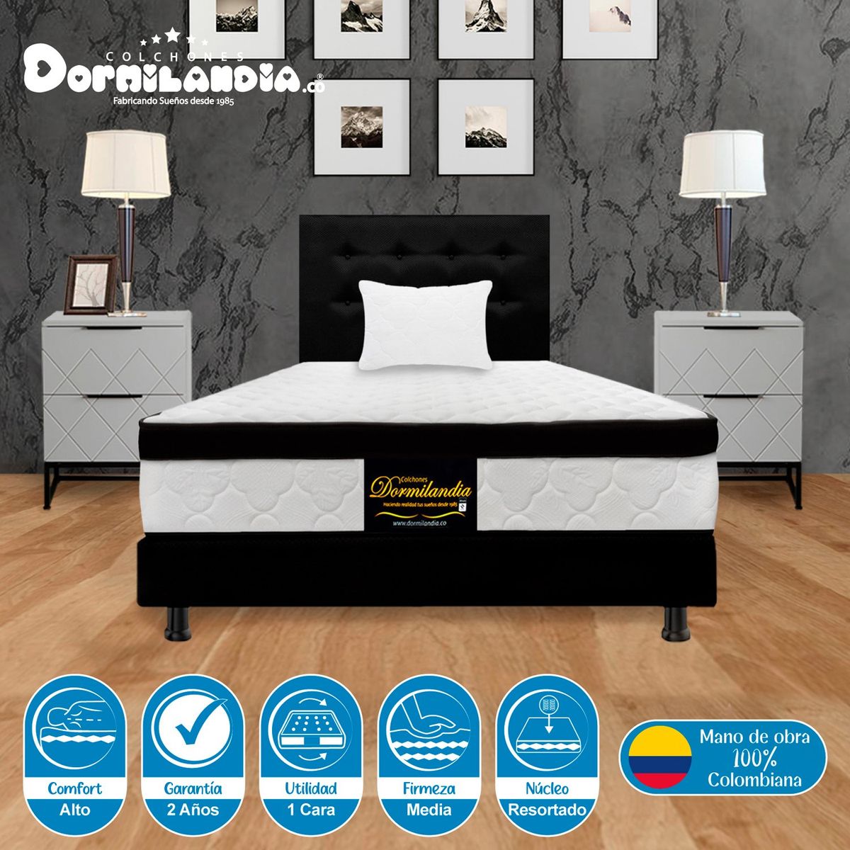 DORMILANDIA - Colchón con Base Cama cama Sencillo Firmeza Media Ortopédico Resortado con Pillow Versalles 100 x 190 cm + Almohada Dormilandia