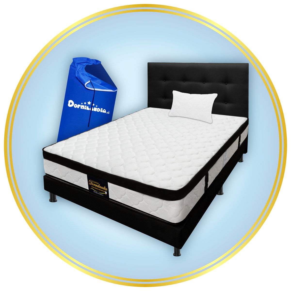 DORMILANDIA - Colchón con Base Cama cama Semidoble Firmeza Media Ortopédico Resortado con Pillow Versalles 120 x 190 cm + 2 Almohadas Dormilandia