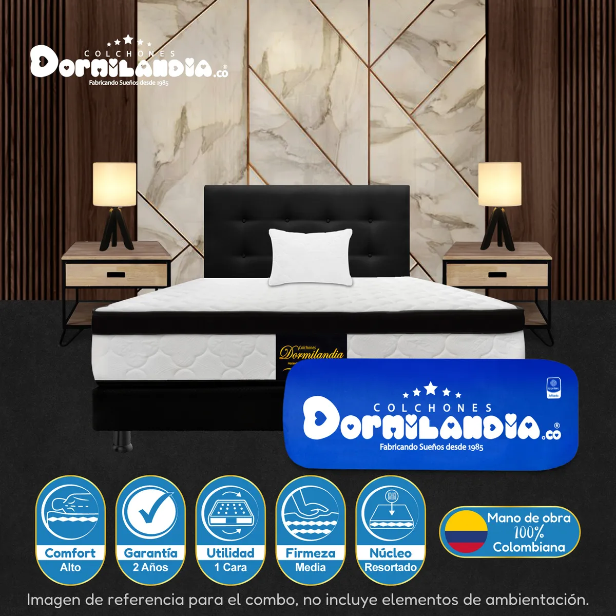 DORMILANDIA - Colchón con Base Cama cama Semidoble Firmeza Media Ortopédico Resortado con Pillow Versalles 120 x 190 cm + 2 Almohadas Dormilandia