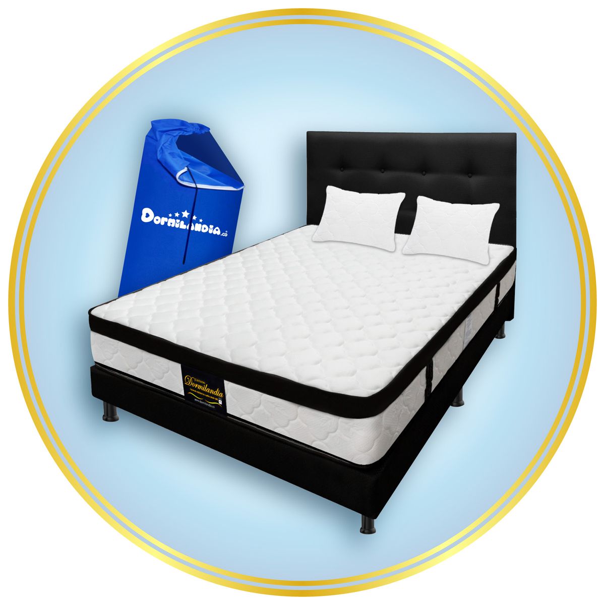 DORMILANDIA - Colchón con Base Cama cama Queen Firmeza Media Ortopédico Resortado con Pillow Versalles 160 x 190 cm + 2 Almohadas Dormilandia