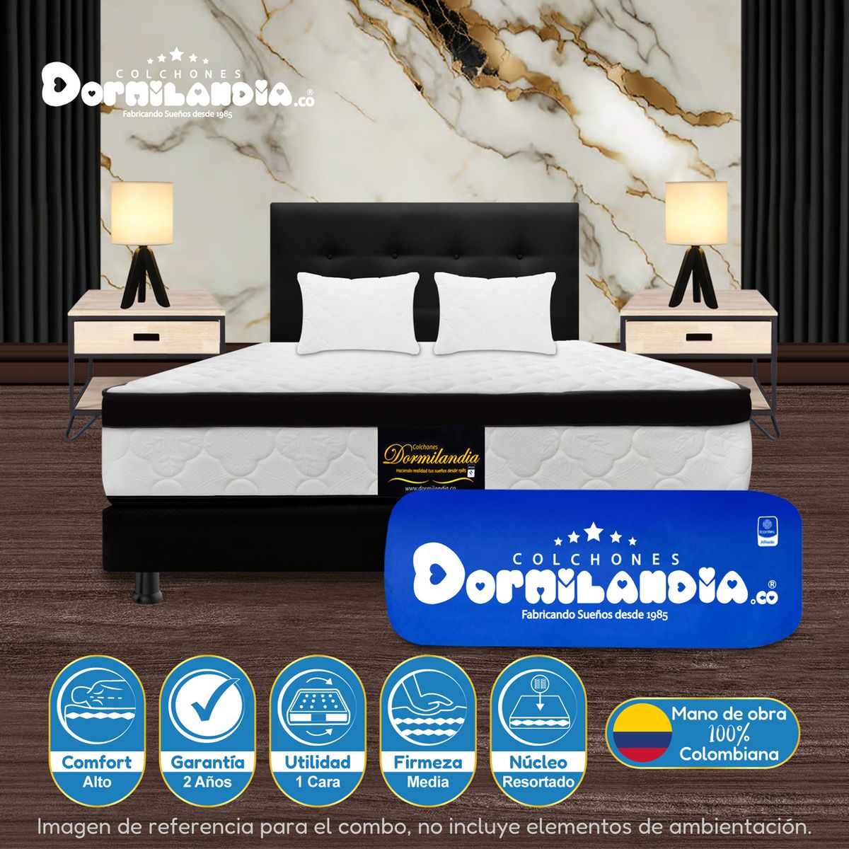 DORMILANDIA - Colchón con Base Cama cama Queen Firmeza Media Ortopédico Resortado con Pillow Versalles 160 x 190 cm + 2 Almohadas Dormilandia