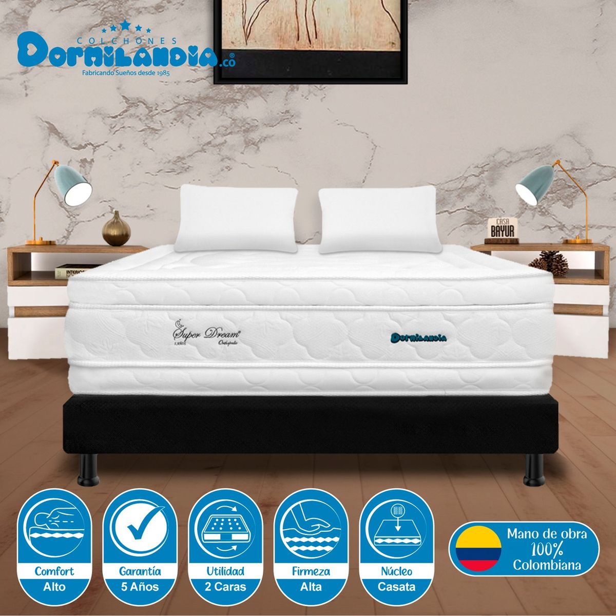 DORMILANDIA - Colchón con Base Cama King Firmeza Media Espumado con Doble Pillow Super Dream Plus 200 x 200 cm + 2 Almohadas Dormilandia - Compra Sin Interes, Te Devolvemos el 100% de los Intereses Pagando con Tarjeta CMR Banco Falabella a 3 Cuotas