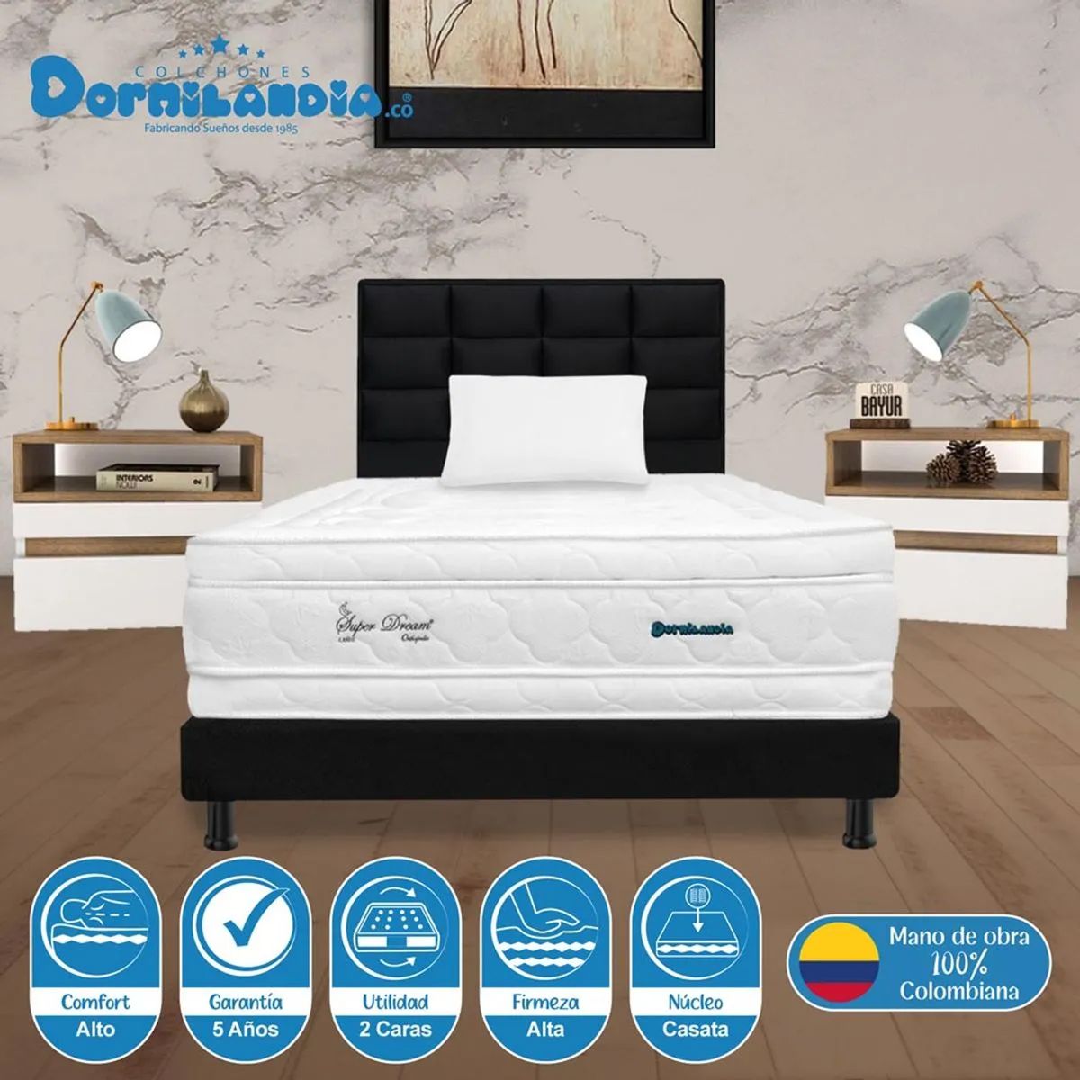 DORMILANDIA - Colchón con Base Cama cama Sencillo Firmeza Media Espumado con Doble Pillow Super Dream Plus 100 x 190 cm + Almohada Dormilandia - Compra Sin Interes, Te Devolvemos el 100% de los Intereses Pagando con Tarjeta CMR Banco Falabella a 3 Cuotas