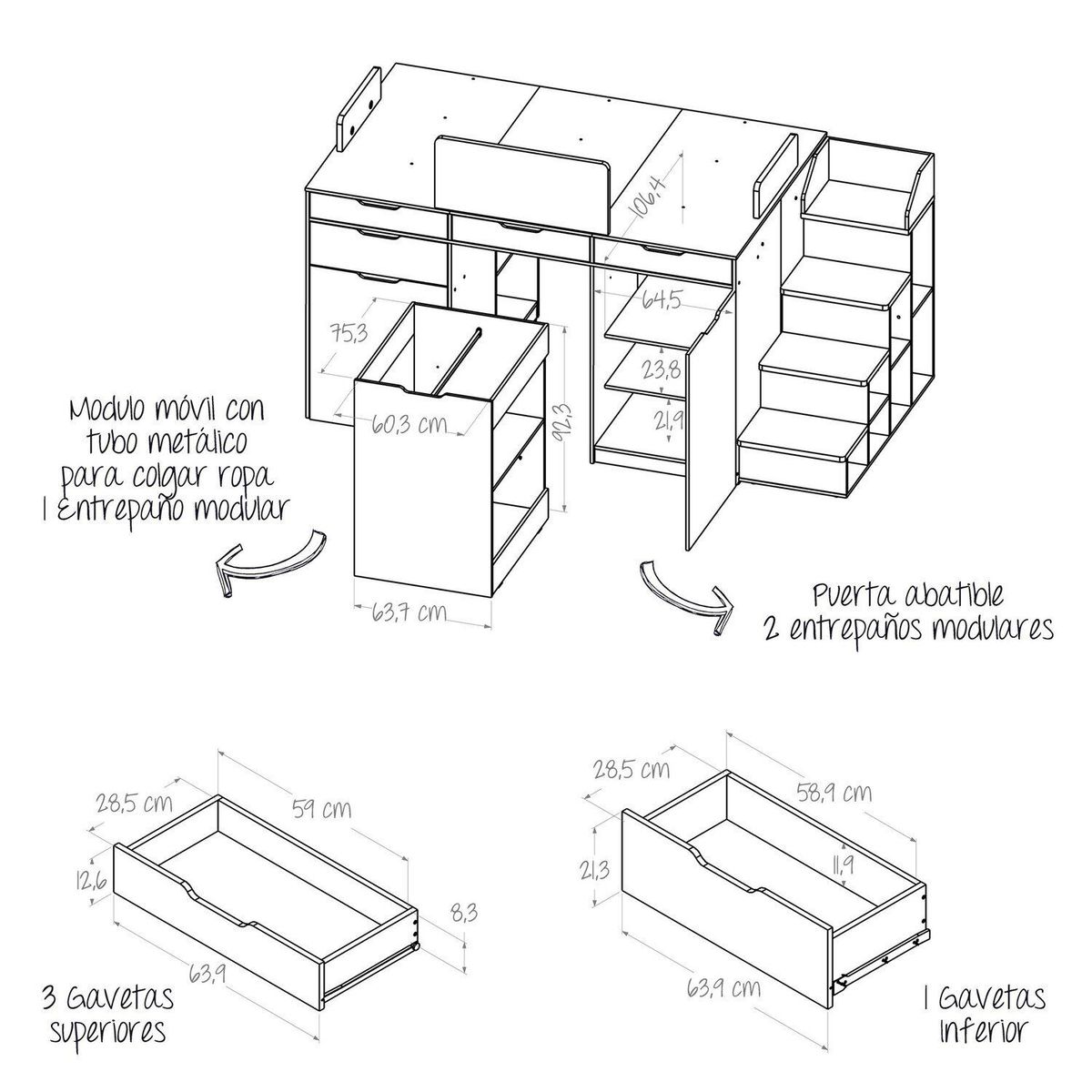 MADERKIT - Cama Semidoble Multifuncional M01290