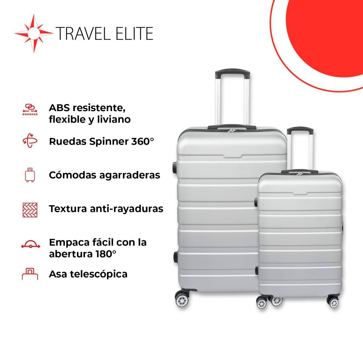  - Juego de 2 Maletas de Viaje Travel Elite Rígida Ruedas 360 y Candado de Combinación