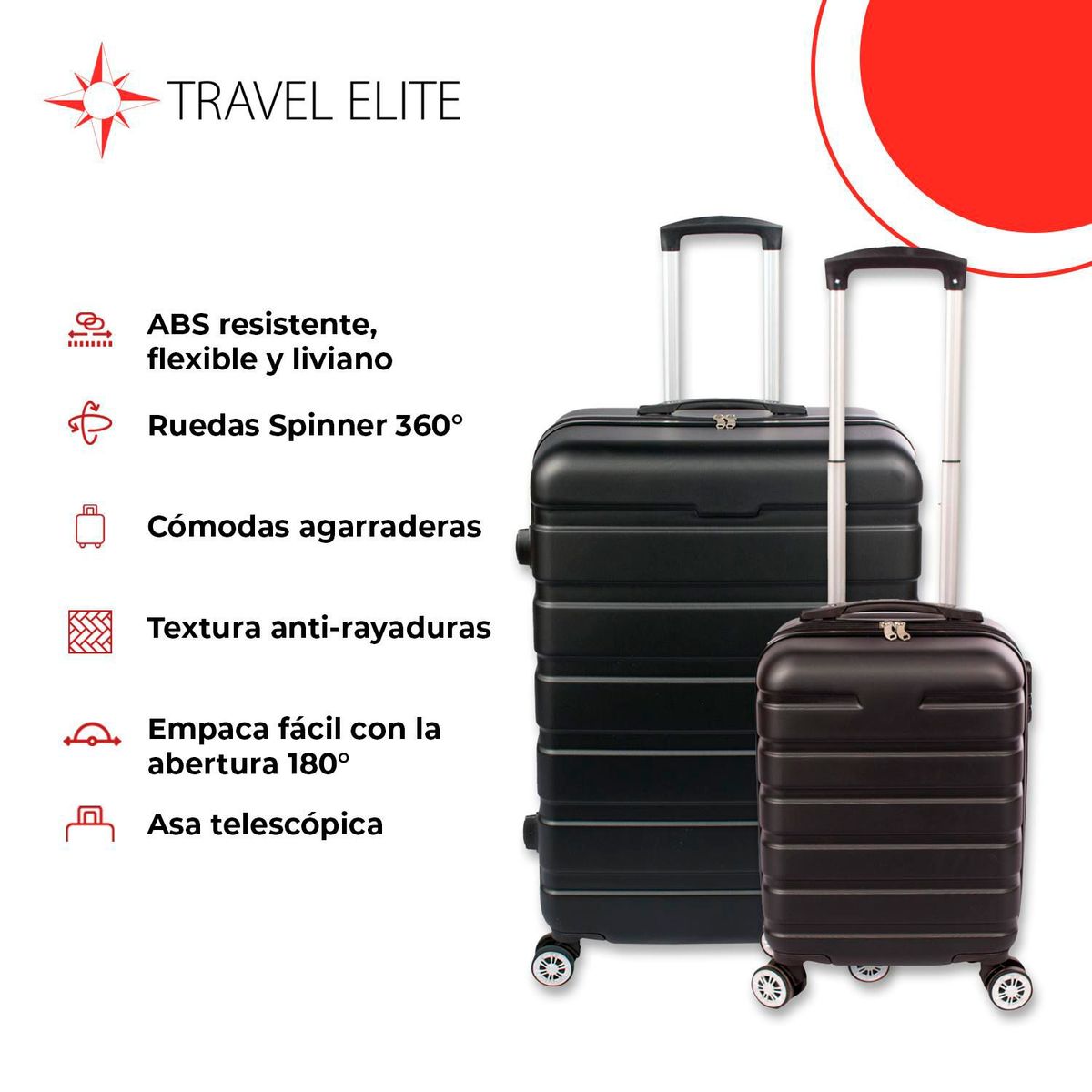  - Juego de 2 Maletas de Viaje Travel Elite Rígida Ruedas 360 y Candado de Combinación