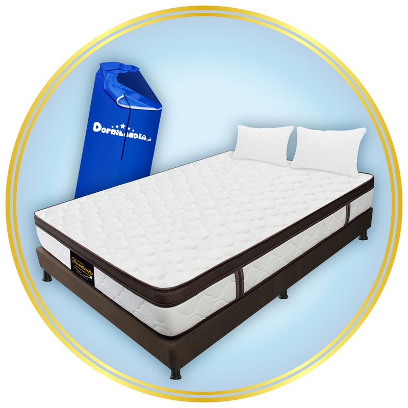 DORMILANDIA - Colchón con Base Cama cama Queen Firmeza Media Ortopédico Resortado con Pillow Dublín 160 x 190 cm + 2 Almohadas Dormilandia