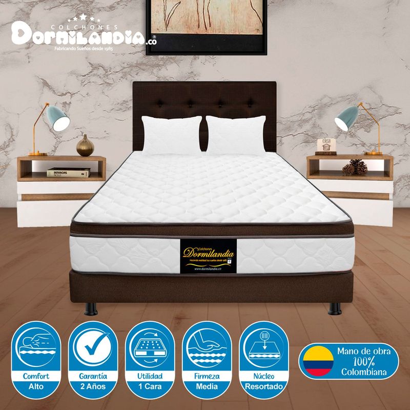 DORMILANDIA - Colchón con Base Cama cama Queen Firmeza Media Ortopédico Resortado con Pillow Dublín 160 x 190 cm + 2 Almohadas Dormilandia - 0% Interés a 3, 6 o 12 Cuotas Pagando con tu CMR Banco Falabella