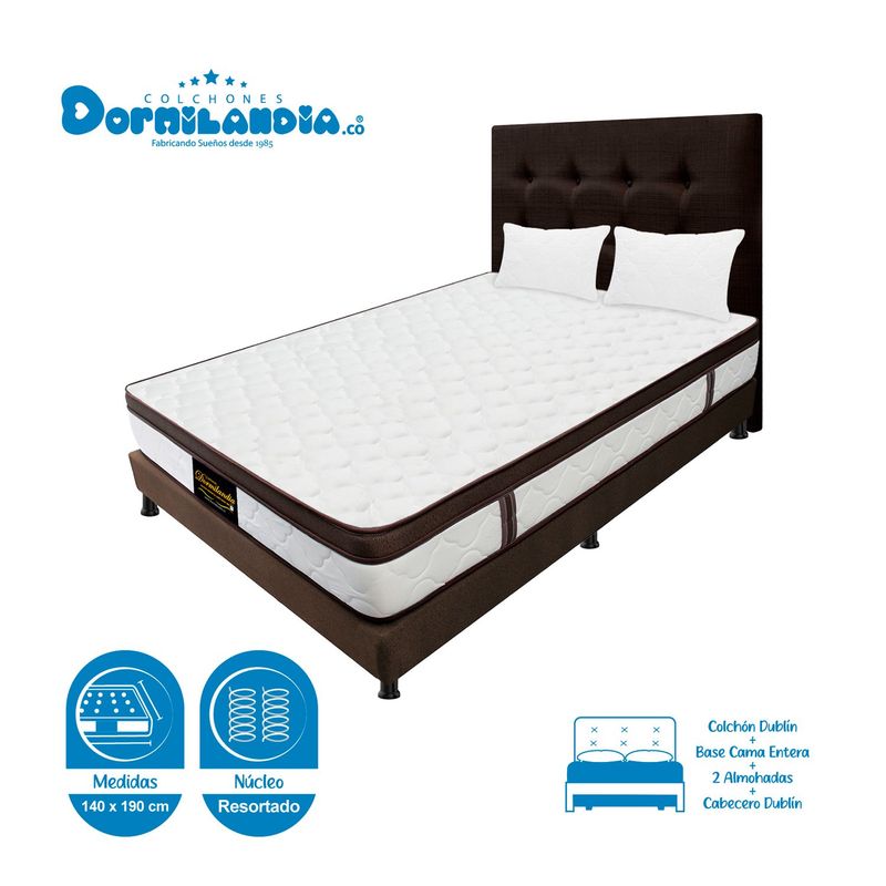 DORMILANDIA - Colchón con Base Cama cama Doble Firmeza Media Ortopédico Resortado con Pillow Dublín 140 x 190 cm + 2 Almohadas Dormilandia
