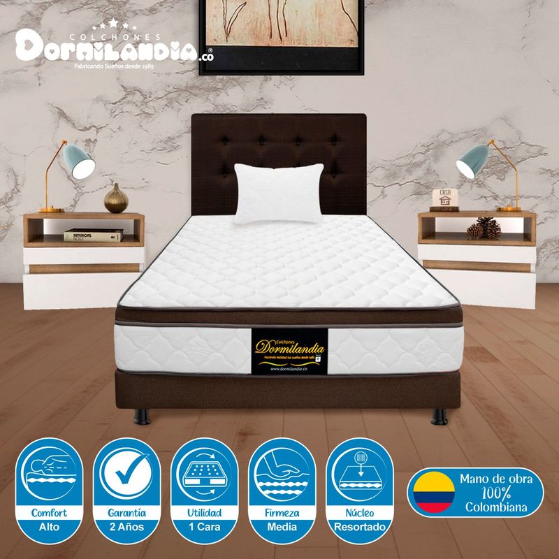 DORMILANDIA - Colchón con Base Cama cama Sencillo Firmeza Media Ortopédico Resortado con Pillow Dublín 100 x 190 cm + Almohada Dormilandia - 0% Interés a 3 Cuotas Pagando con tu CMR Banco Falabella