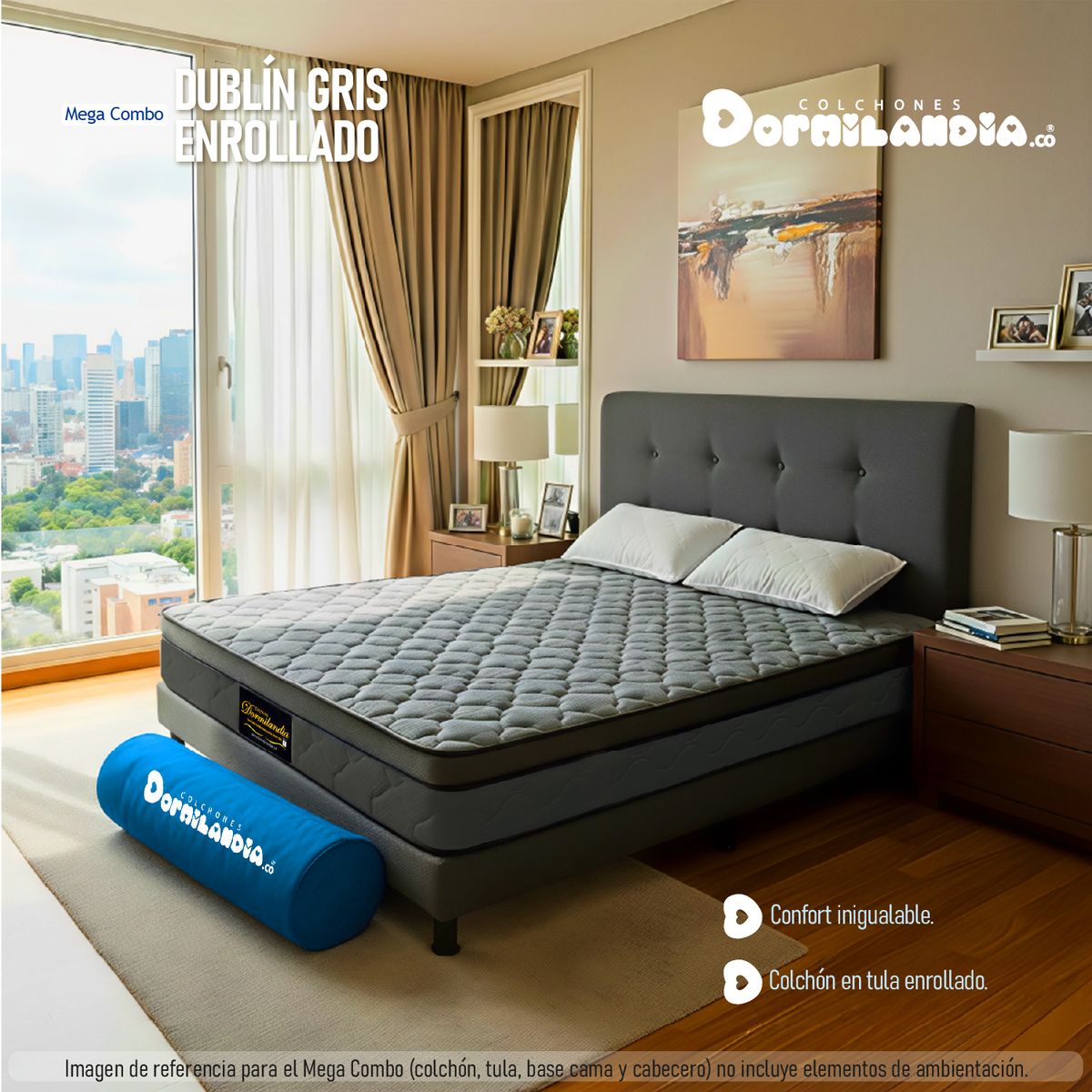 DORMILANDIA - Colchón con Base Cama cama Semidoble Firmeza Media Ortopédico Resortado con Pillow Dublín 120 x 190 cm + 2 Almohadas Dormilandia
