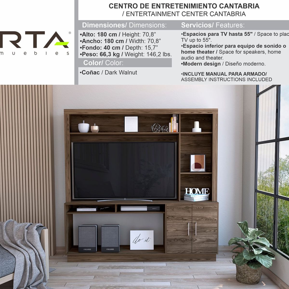 RTA MUEBLES - Centro de Entretenimiento de 180 x 180 x 40 cm, Mueble de TV Moderno para Televisor de 55 Pulgadas, RTA Muebles