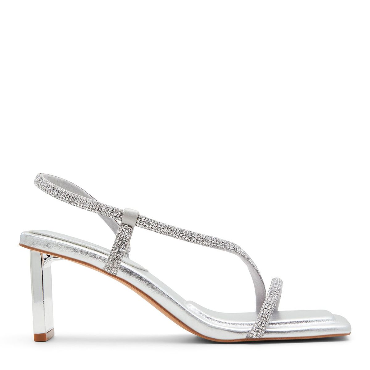 ALDO - Sandalias para Mujer con tacón delgado. Sandalias Aldo plateadas con apliques brillantes de moda para mujer