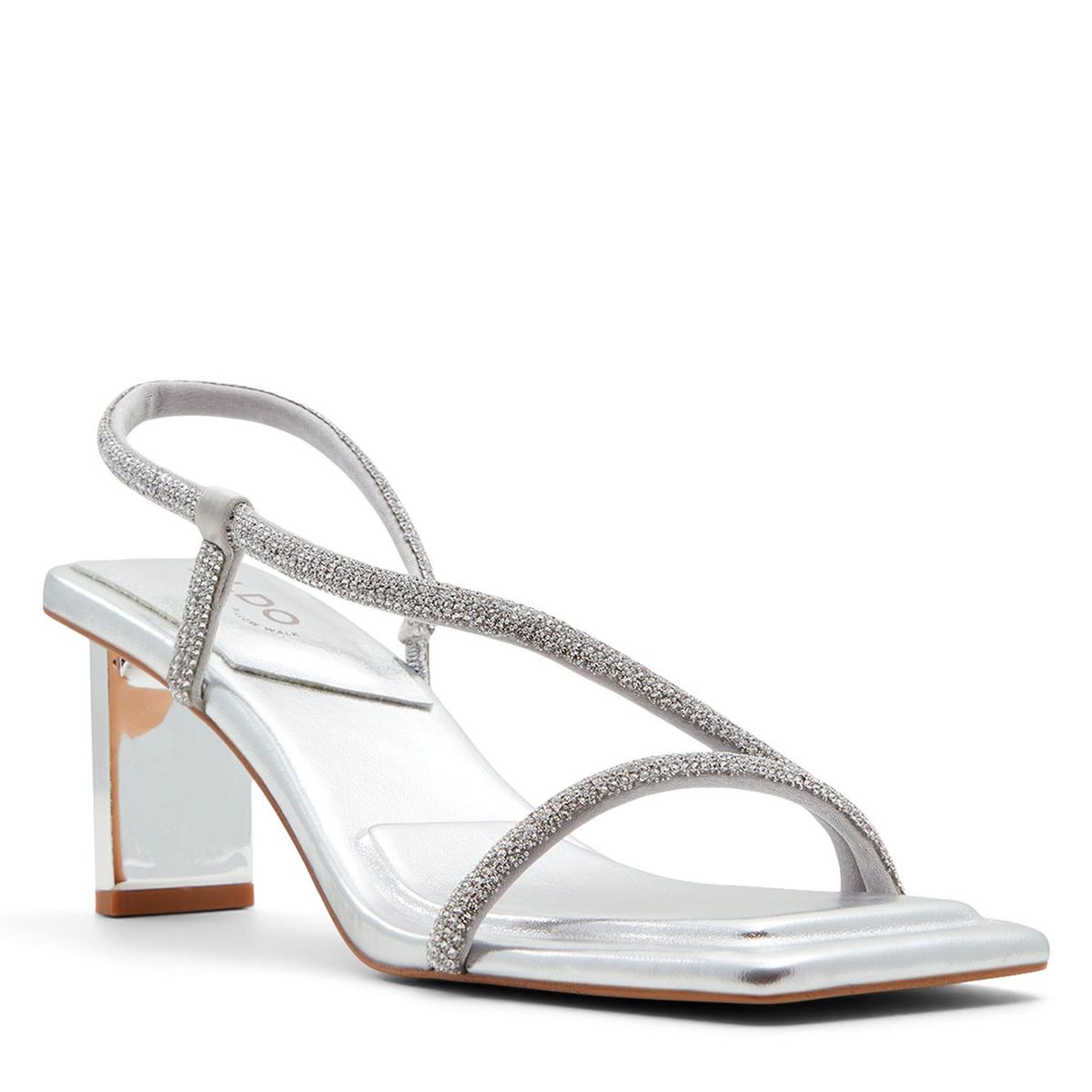 ALDO - Sandalias para Mujer con tacón delgado. Sandalias Aldo plateadas con apliques brillantes de moda para mujer