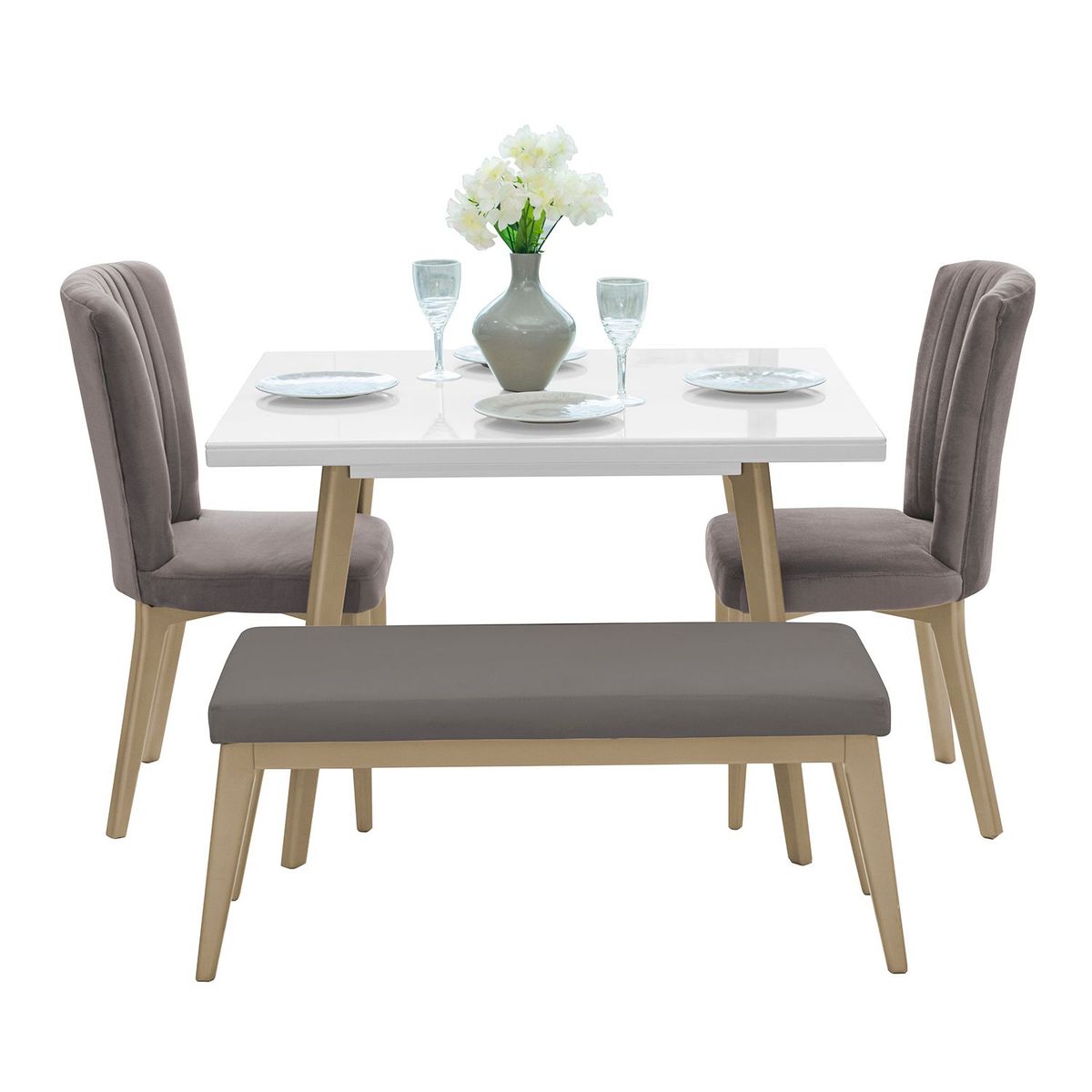 MICA - Juego de Comedor Moderno para 4 Personas Blanco (Comedor + 2 Sillas + Banco) Mica