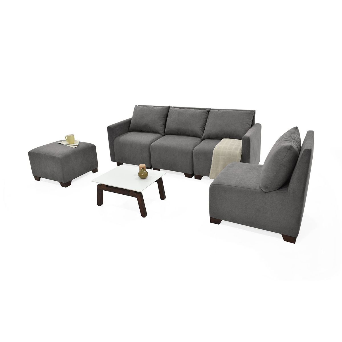 MICA - Juego de Sala Moderno en Poliéster (Sofá Modular 4 Puestos + Puff + Mesa de Centro) Altea Mica