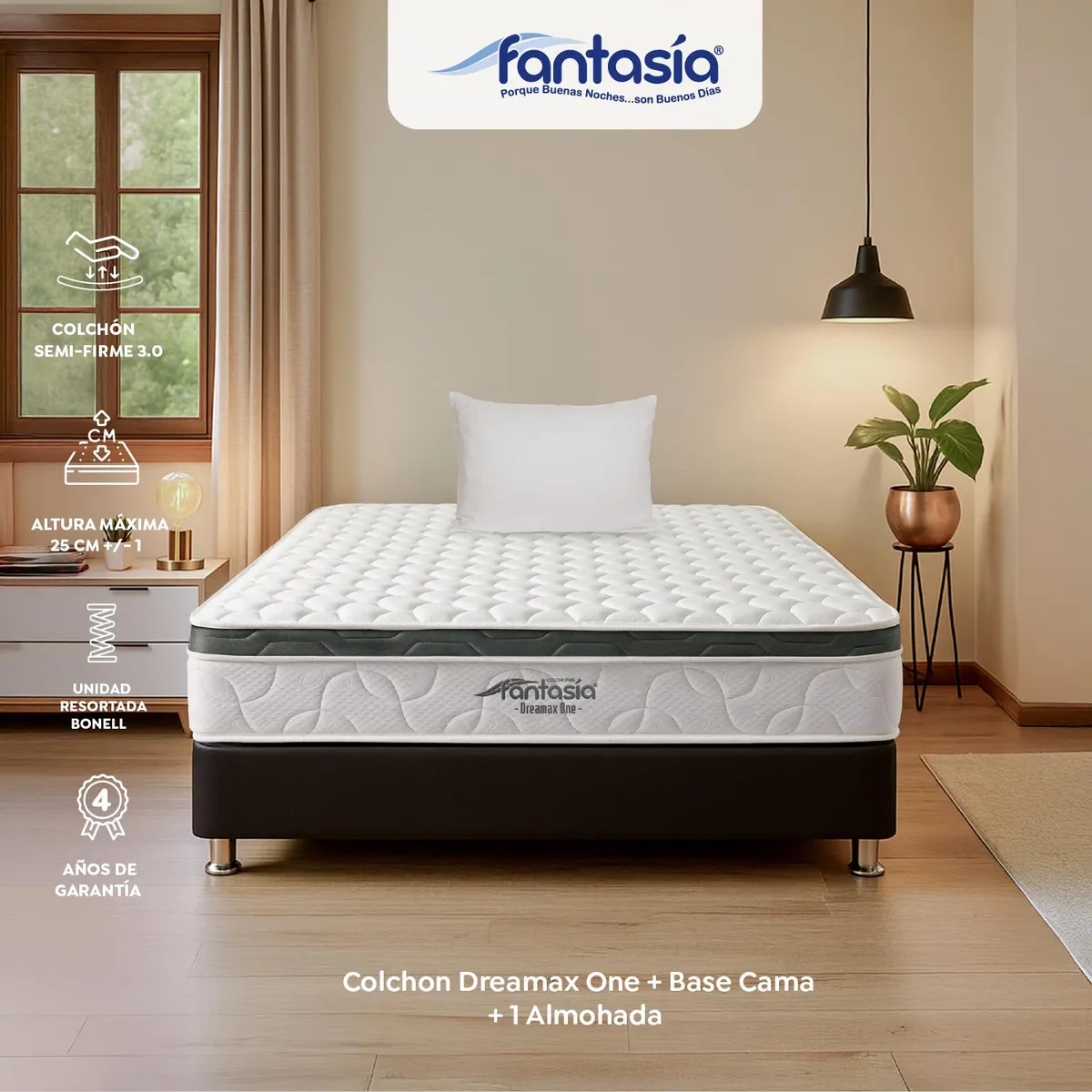 COLCHONES FANTASIA - Colchón con Base Cama Semidoble Firmeza Media Ortopédico Resortado con Pillow Dreamax One 120 x 190 cm + Almohada Colchones Fantasía