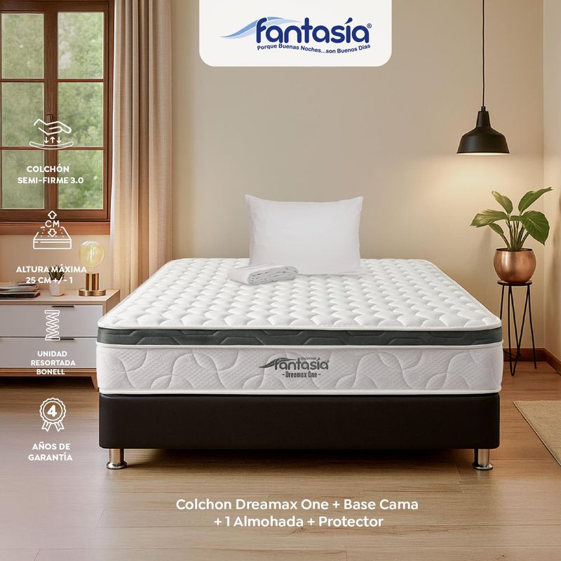 COLCHONES FANTASIA - Colchón con Base Cama Semidoble Firmeza Media Ortopédico Resortado con Pillow Dreamax One 120 x 190 cm + Almohada Colchones Fantasía