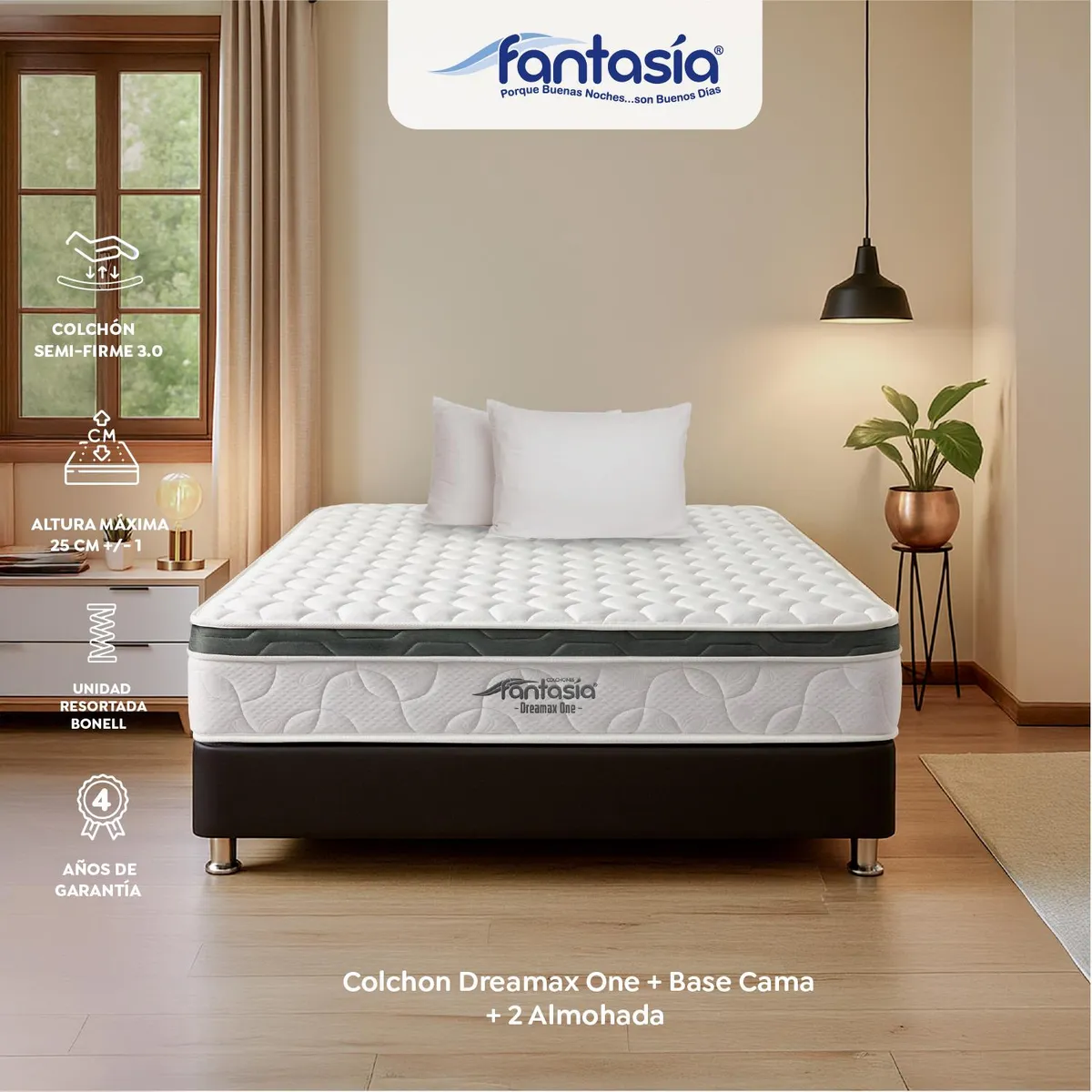 COLCHONES FANTASIA - Colchón con Base Cama Doble Firmeza Media Ortopédico Resortado con Pillow Dreamax One 140 x 190 cm + 2 Almohadas Colchones Fantasía