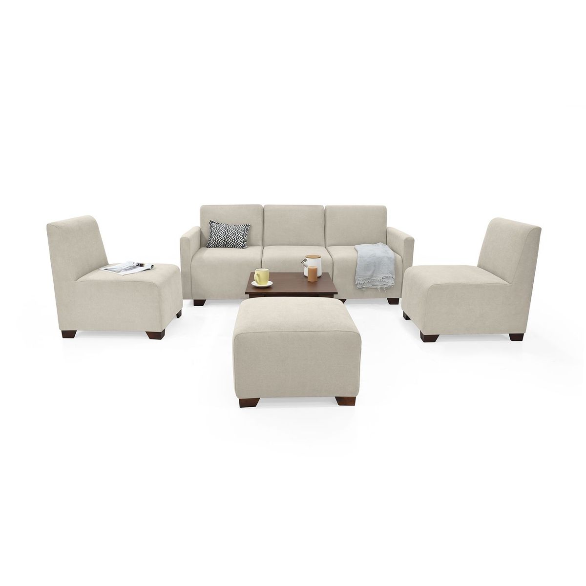 MICA - Juego de Sala Moderno en Poliéster (Sofá Modular + 2 Poltronas + Puff + Mesa de Centro) Bergen Mica